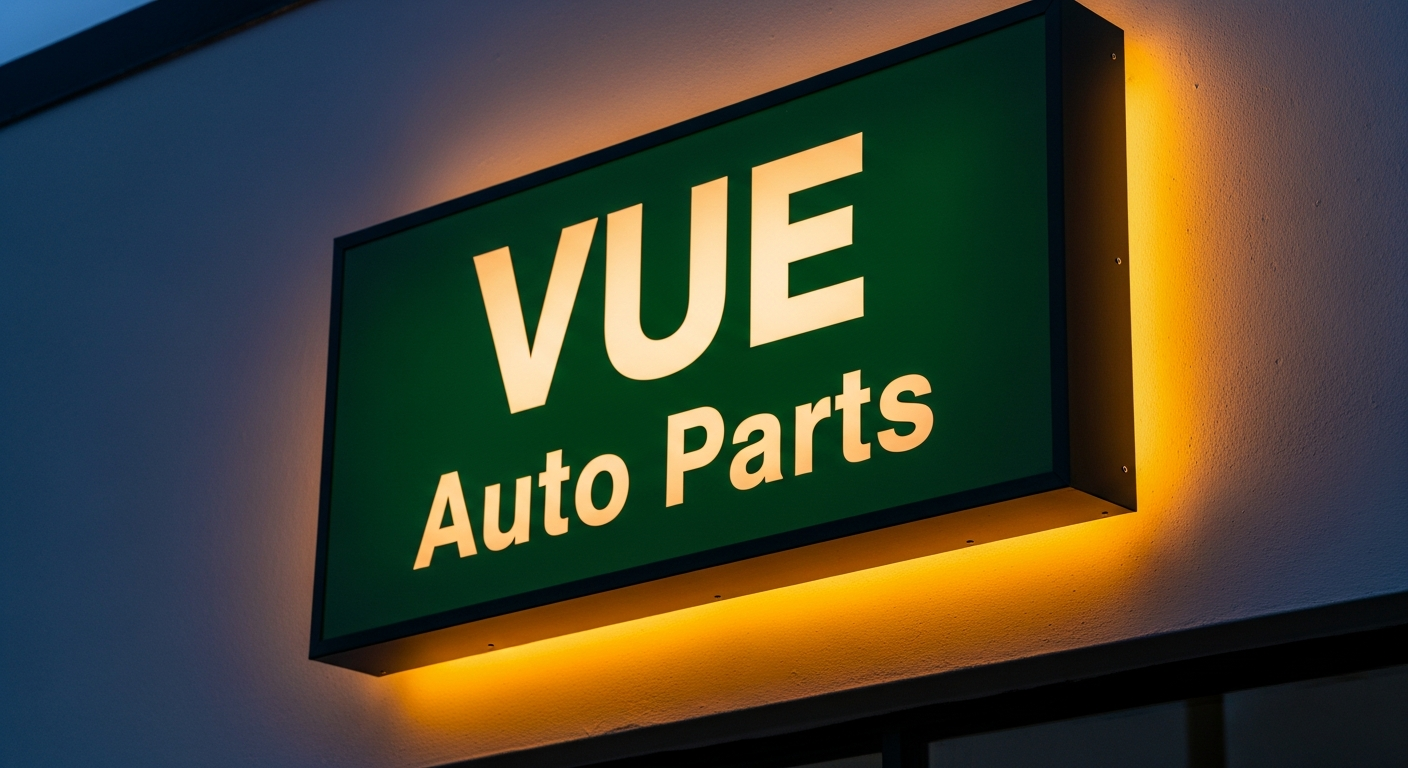 Vue Auto Parts illuminated shop sign — dark green with gold lettering